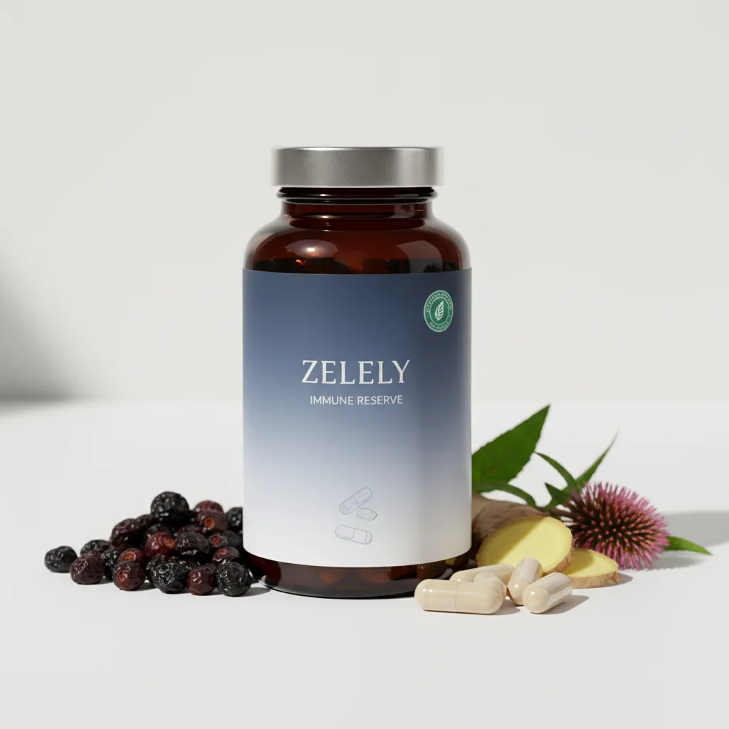 Zelely Immune Reserve vit apotek-flaska med kapselformuleringsdetaljer